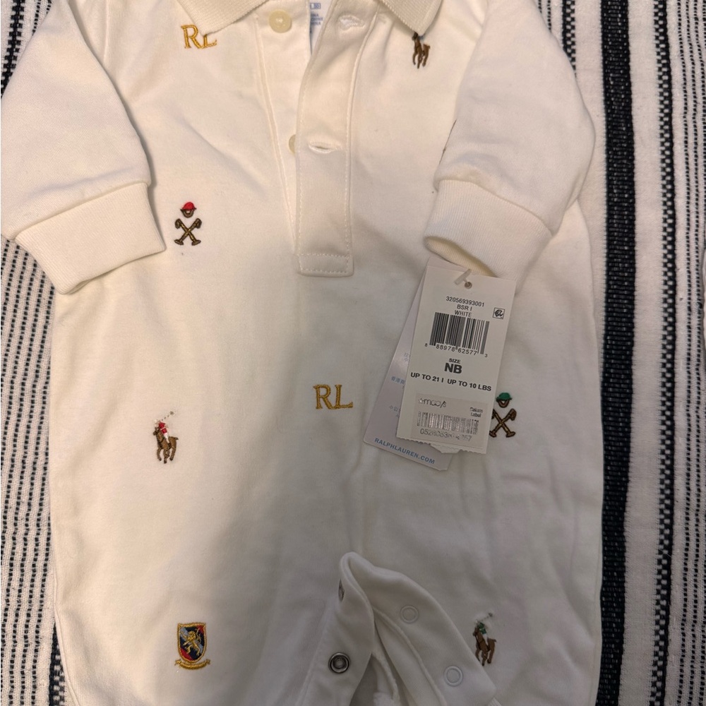 Ralph Lauren Cream Embroidered Polo Footie with Crest & Pony Motifs